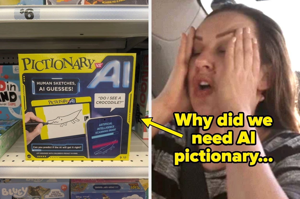 Pictionary game box labeled "Pictionary vs. AI" with person dramatically reacting, captioned "Why did we need AI pictionary..."