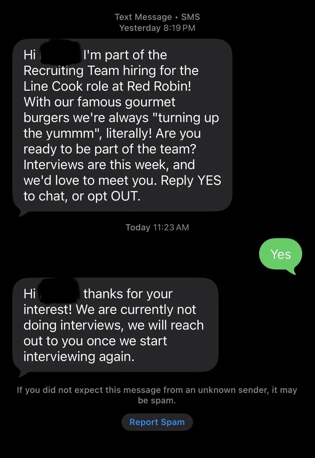 Text conversation about a job interview at Red Robin. First message invites to interview; response is "Yes." Follow-up says interviews are not ongoing