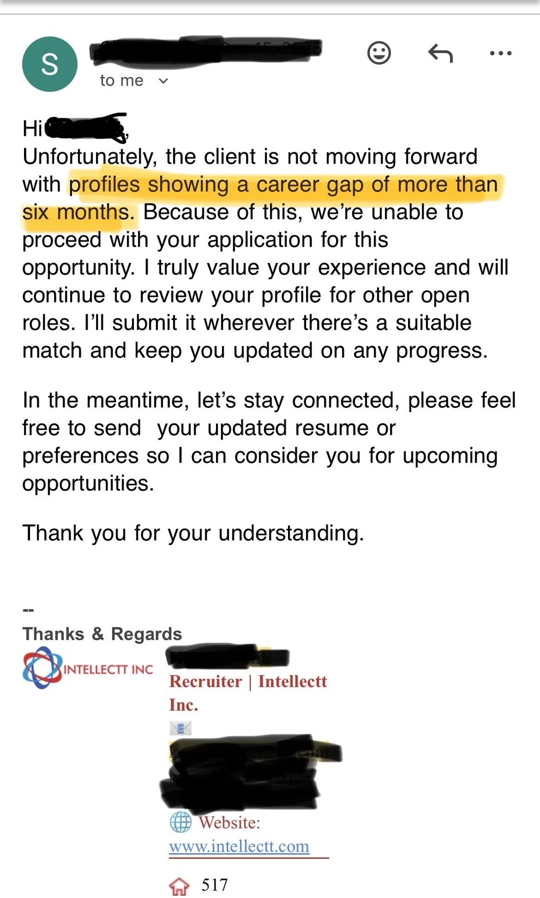 Email response stating application rejected due to a career gap of over six months; invites resubmission after profile review