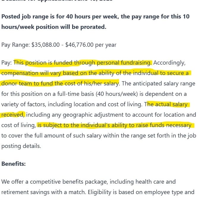 Summary of job application image: Job requires securing funds for own salary, with pay depending on fundraising success. Range: $35,088.00 - $46,776.00/yr