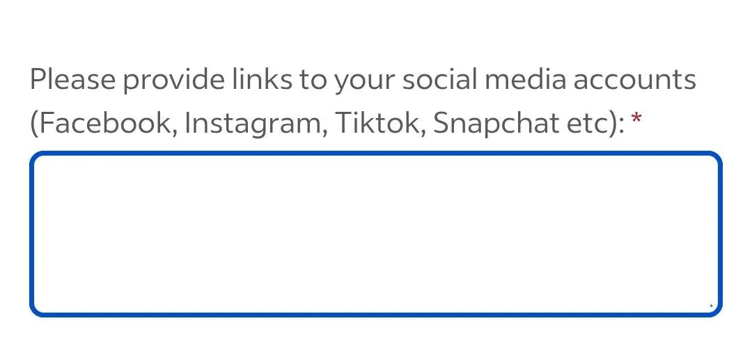 A text box asking for social media links, including Facebook, Instagram, Tiktok, and Snapchat