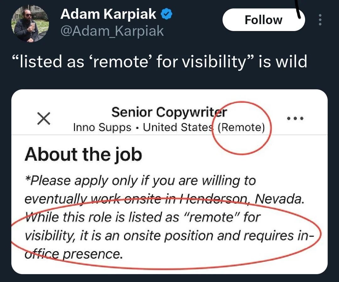 Tweet with a screenshot mocking a job listing for a "remote" role that requires onsite presence for visibility