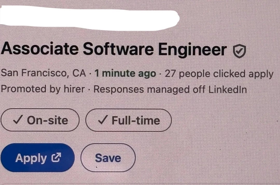 Job listing for an Associate Software Engineer in San Francisco. On-site, full-time. 27 people applied. Managed off LinkedIn