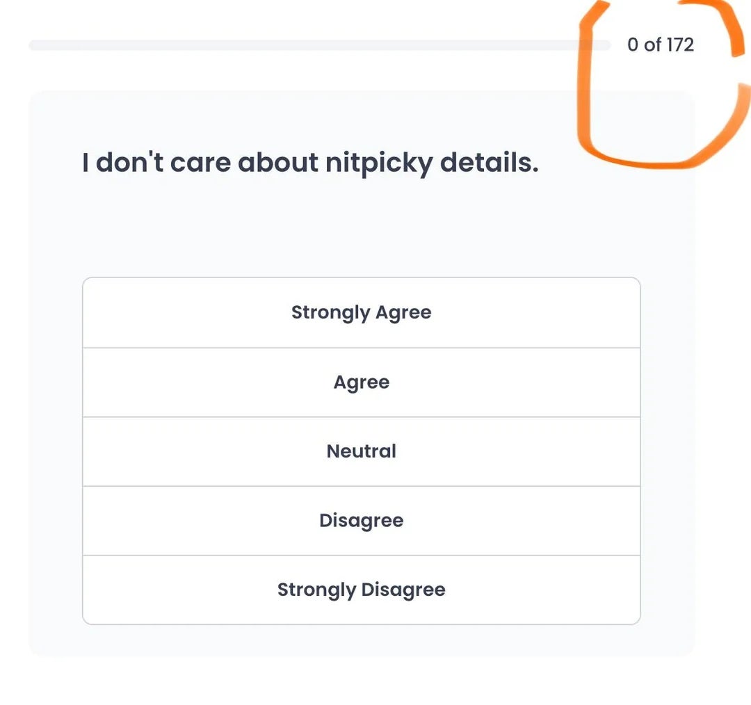 Survey question: "I don't care about nitpicky details." Response options include Strongly Agree, Agree, Neutral, Disagree, Strongly Disagree
