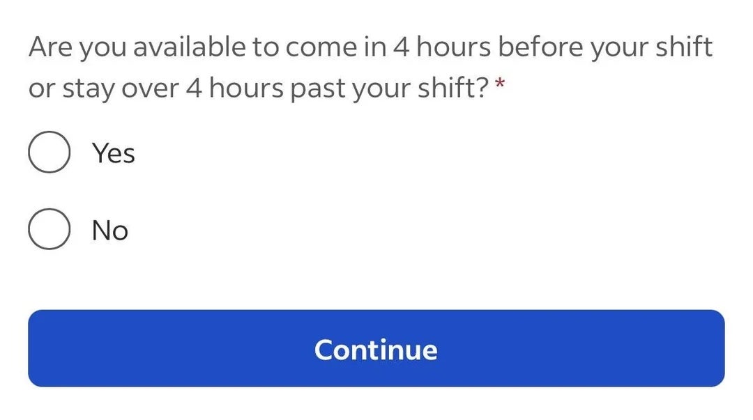 Survey question asks if you can work additional hours before or after your shift, with options "Yes" or "No" and a "Continue" button