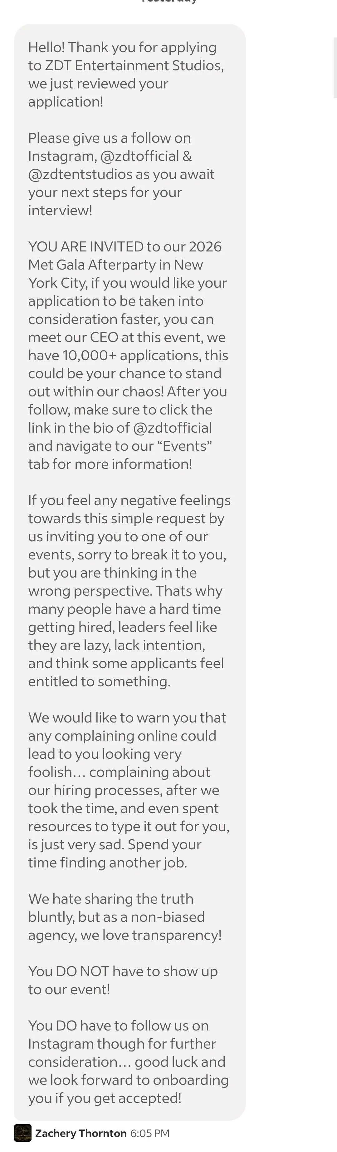 Message about upcoming interview at entertainment studio, including social media follow request and details on what to expect during the interview process