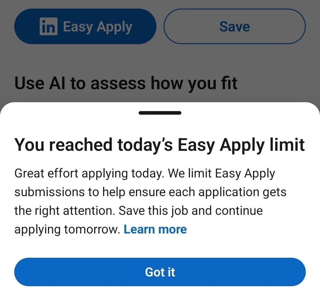 Message on LinkedIn screen: "You reached today’s Easy Apply limit" and options to save the job or learn more