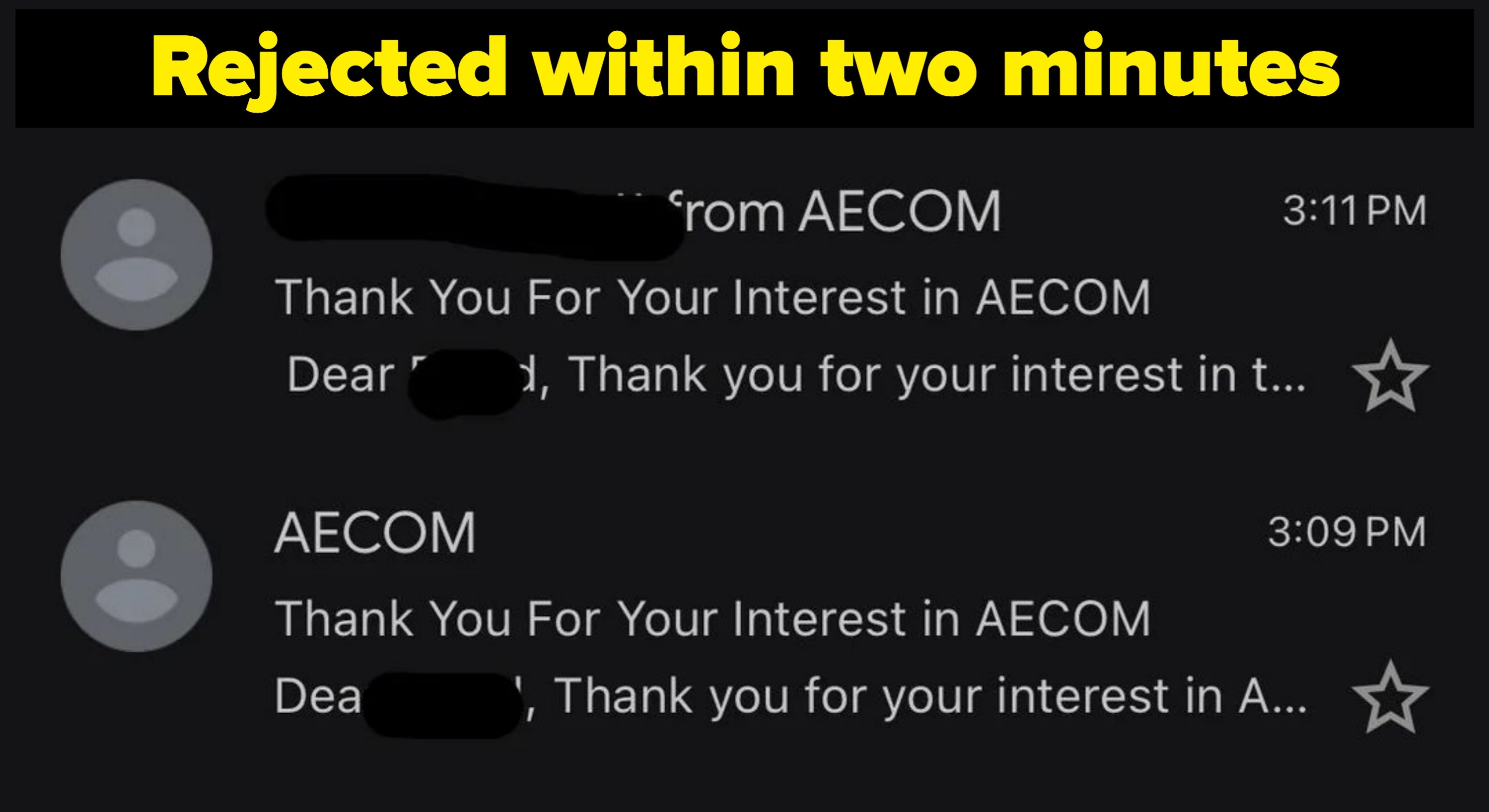Two emails from AECOM thanking the recipient for their interest, both received minutes apart