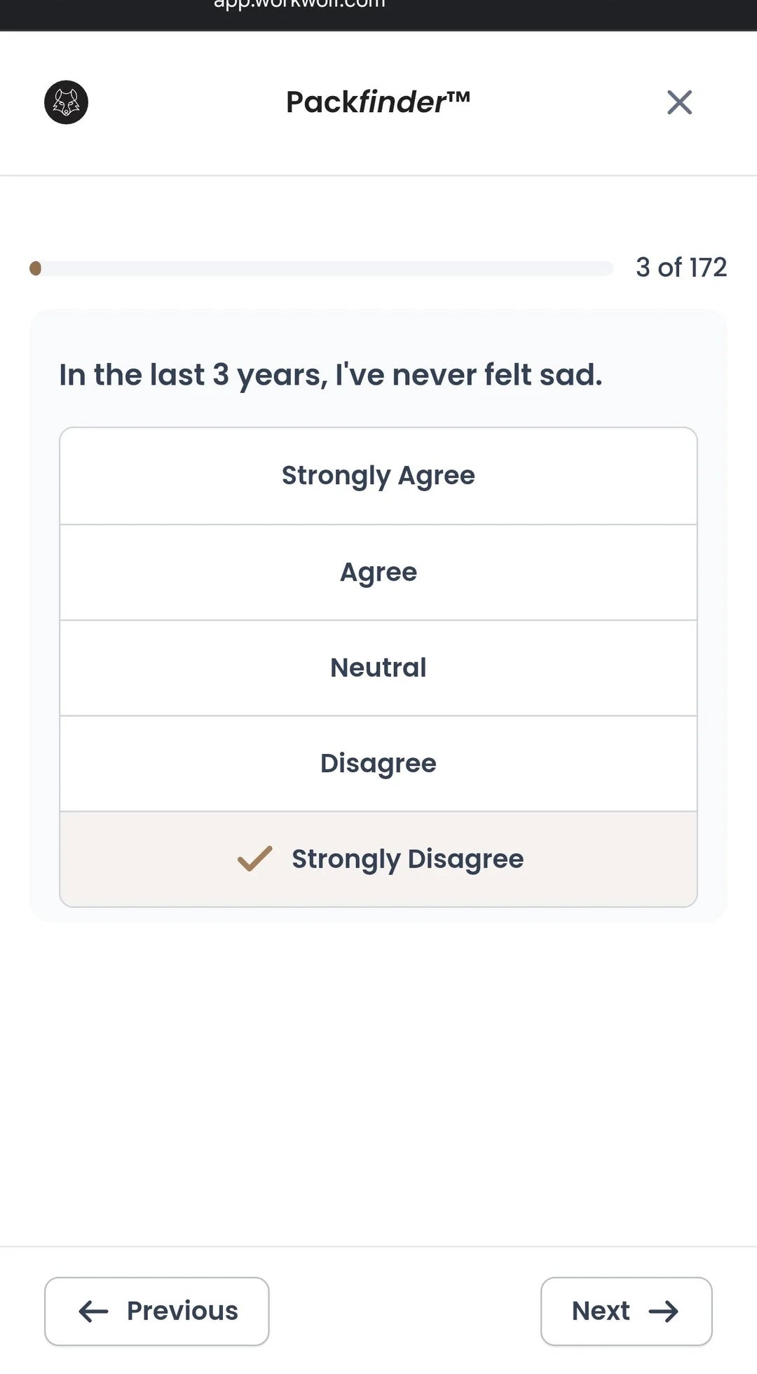 Survey question with five response options: Strongly Agree, Agree, Neutral, Disagree, Strongly Disagree. "Strongly Disagree" is selected