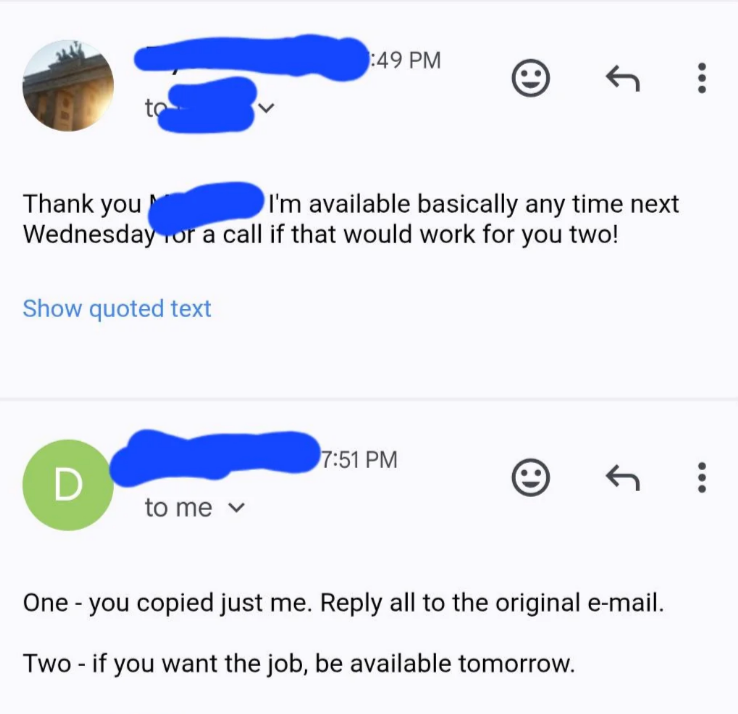 An email reply mentions being available for a call next Wednesday, and another emphasizes replying to all and being available tomorrow for a job