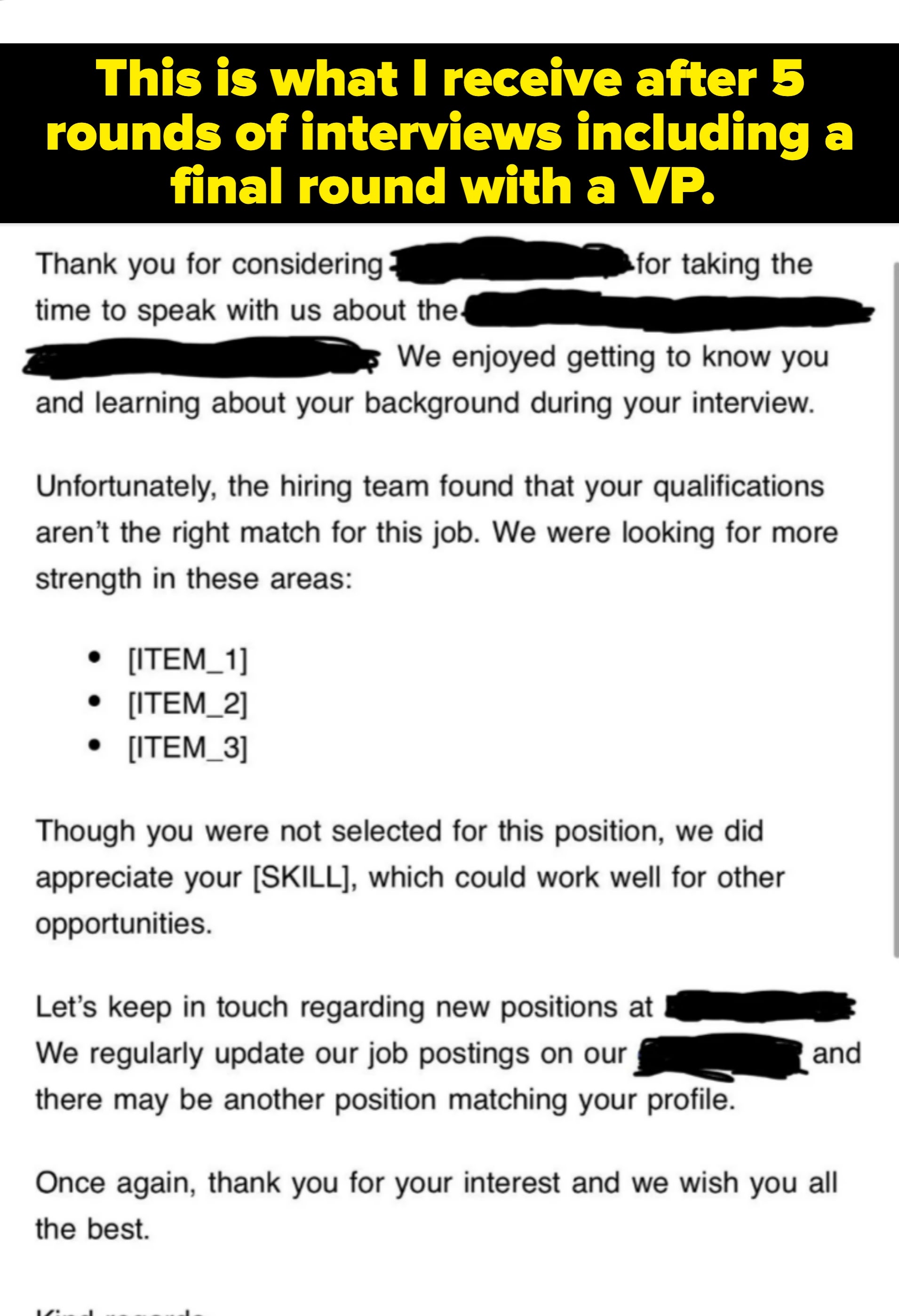 Job rejection letter highlighting the applicant's background, unmet qualifications, potential fit in other roles, and invitation to consider future opportunities