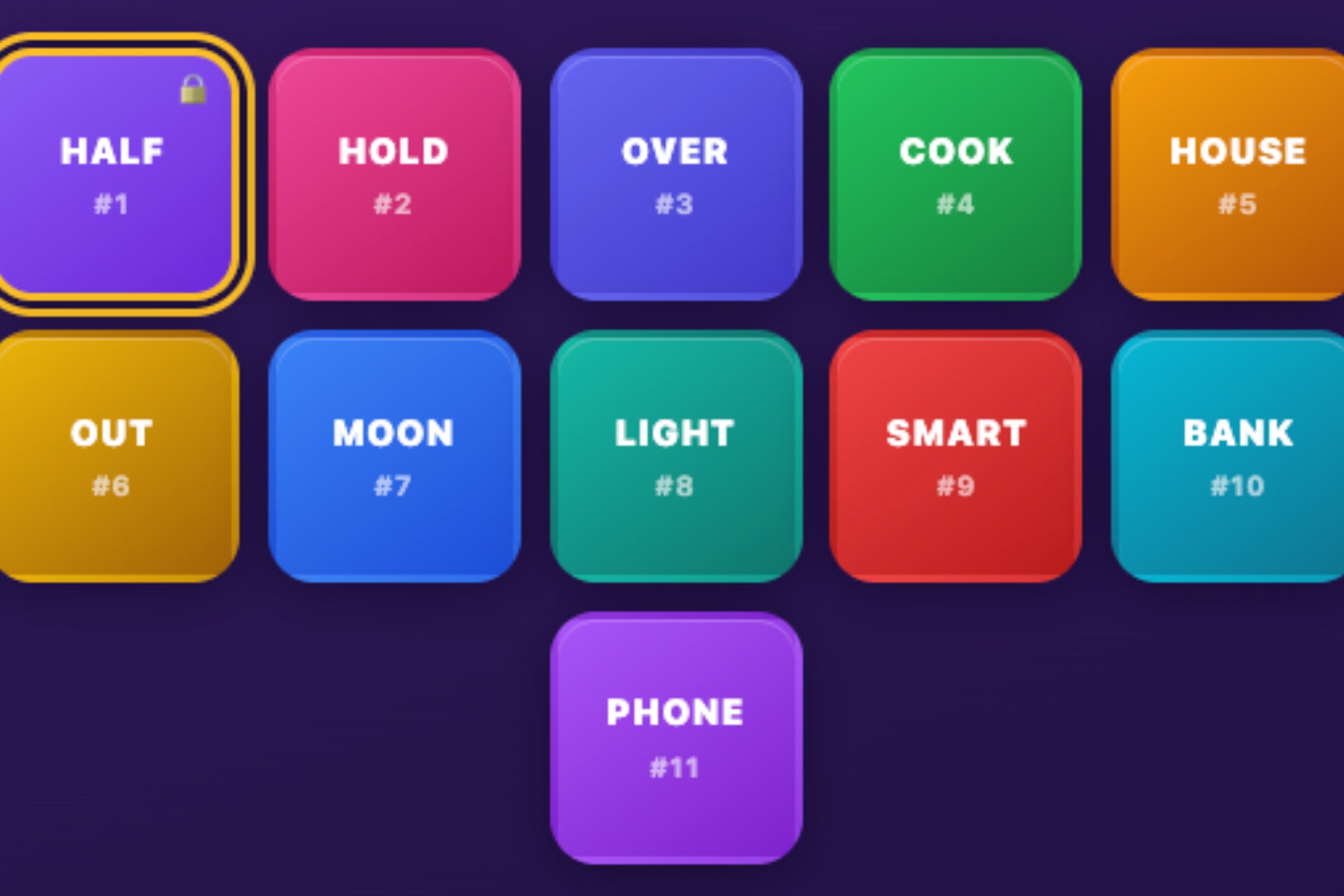 Game screen with words: Leader, Tender, Shift, Loin, Shape, Ring, Cloth, Bar, Ship, Sand, Napkin. Numbers 1 to 11 next to each word
