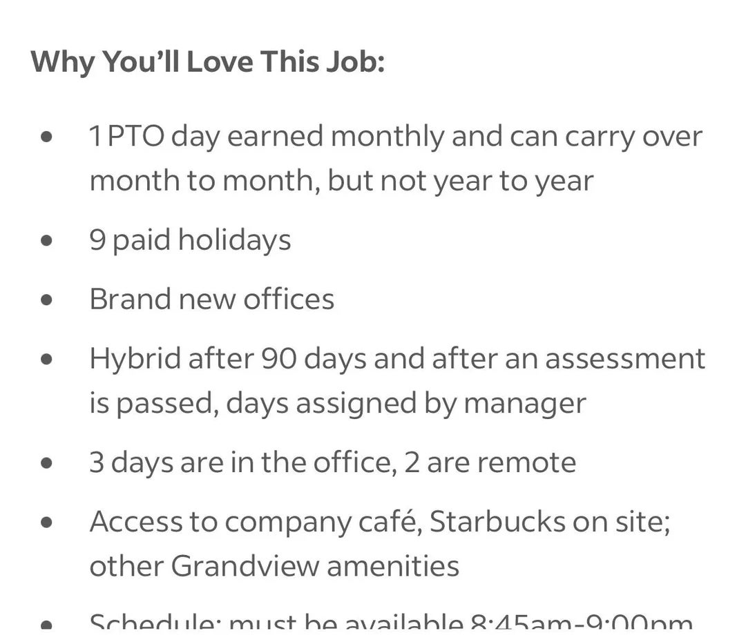 Job benefits: Monthly PTO, 9 holidays, new offices, hybrid after 90 days, 3 days in-office, café access, and more
