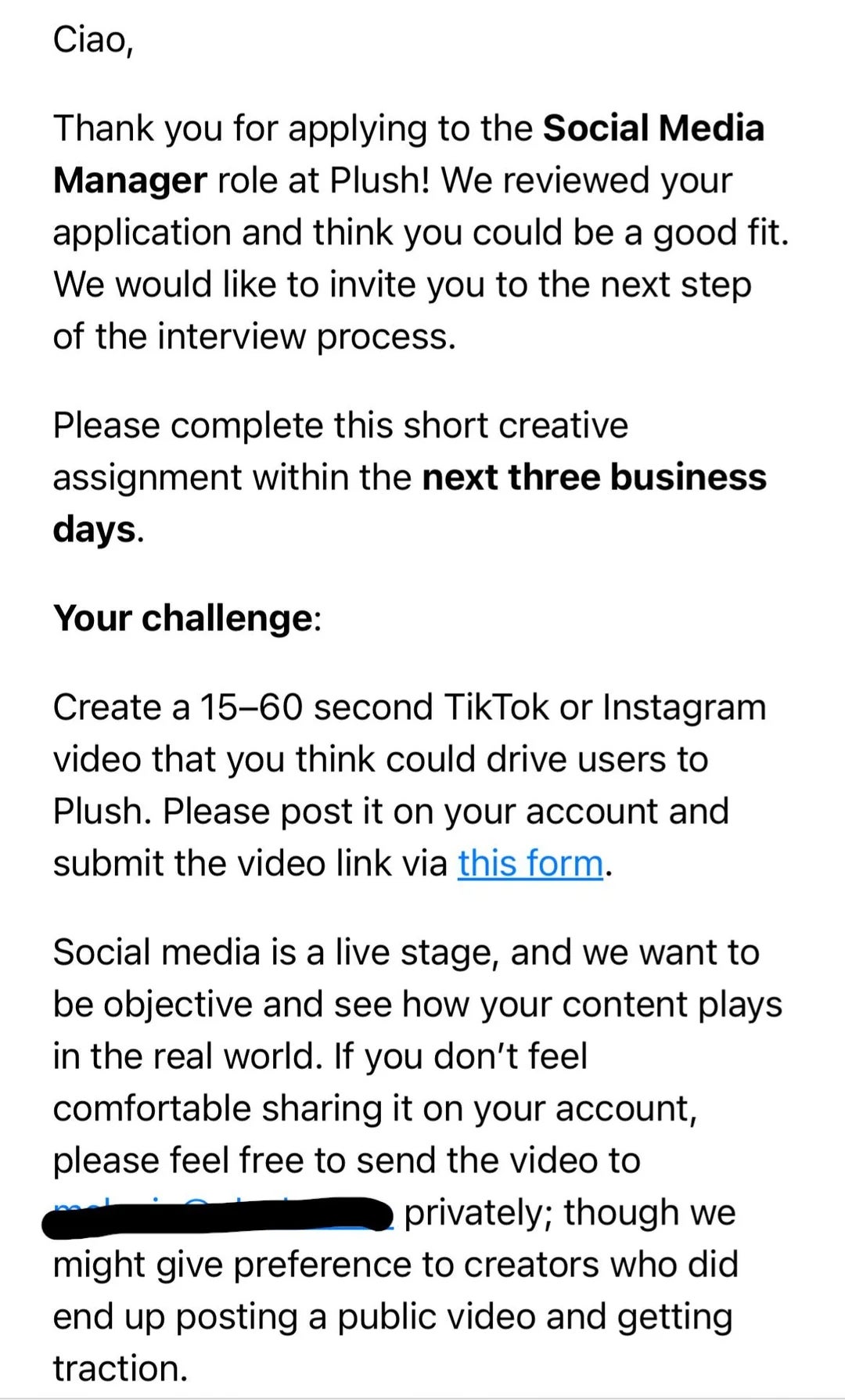 Job application response requesting a 15–60 second TikTok or Instagram video to drive users to Plush, submitted within three business days