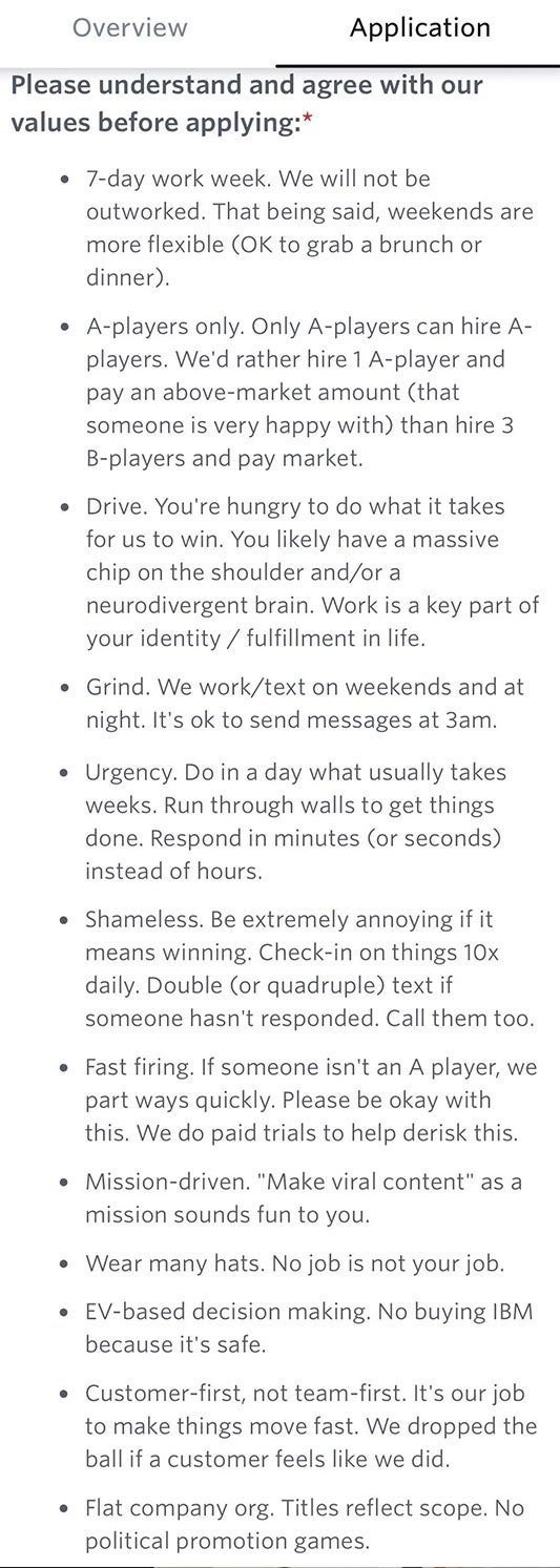 Summary of text: The application page outlines values like hiring A-players, being hungry and driven, assuming urgency, and not tolerating excuses or political agendas