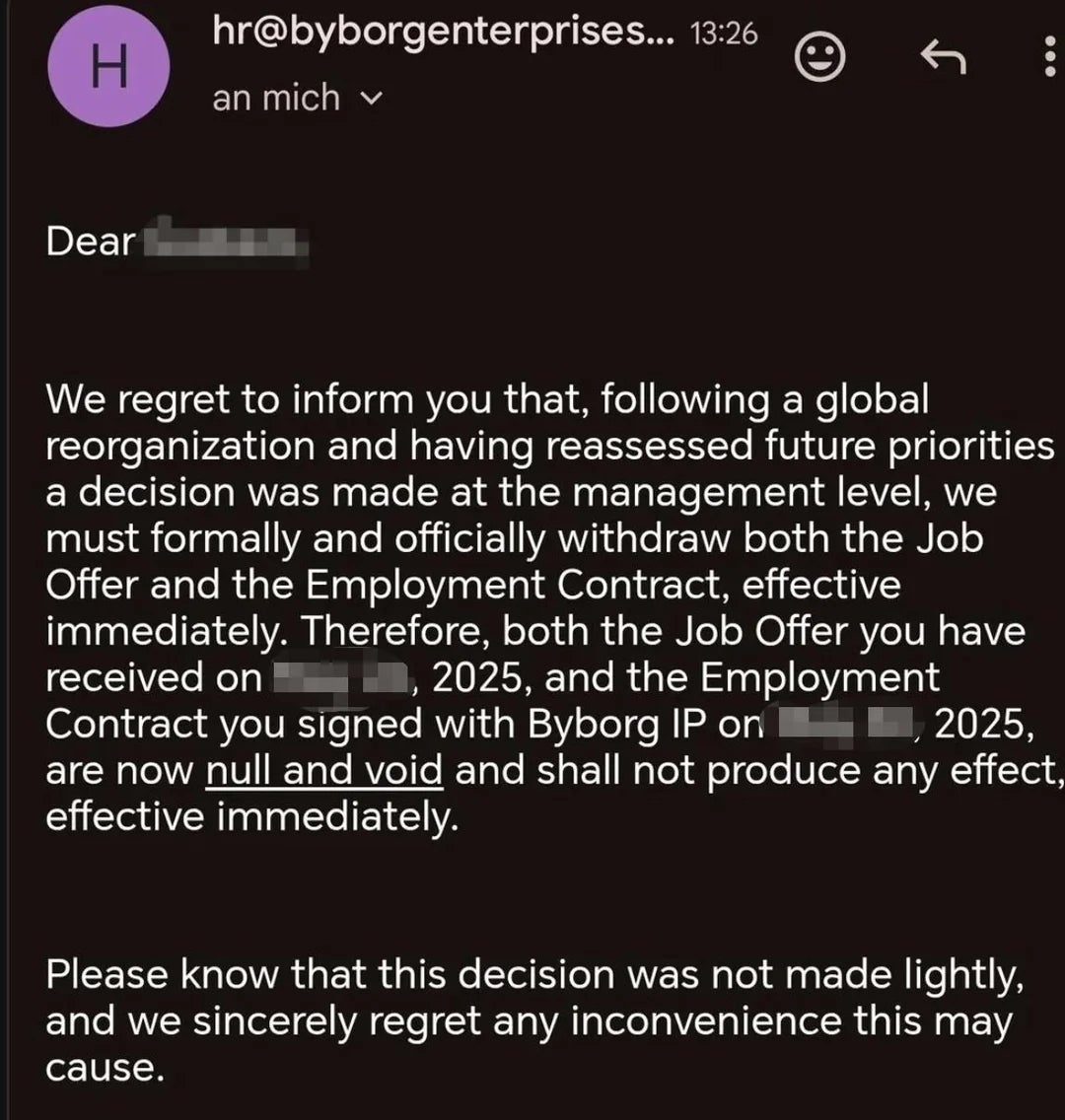 Email with job offer and contract withdrawal due to company reorganization; both are null and void effective immediately