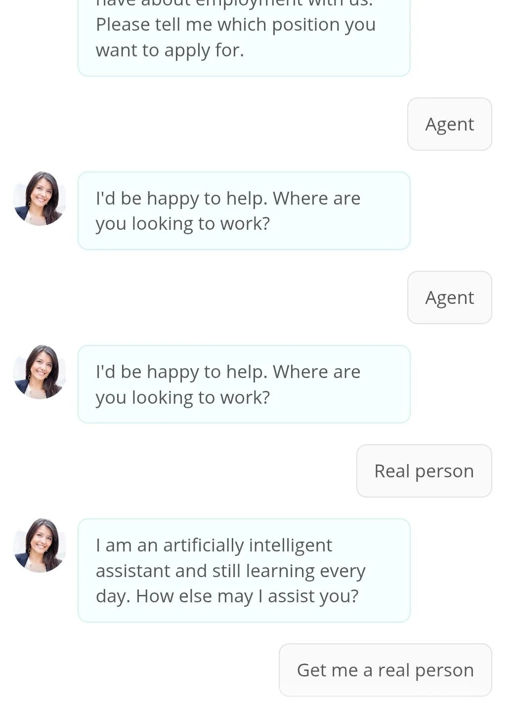 Chat between user and AI. AI asks about job preferences twice, user demands a real person twice