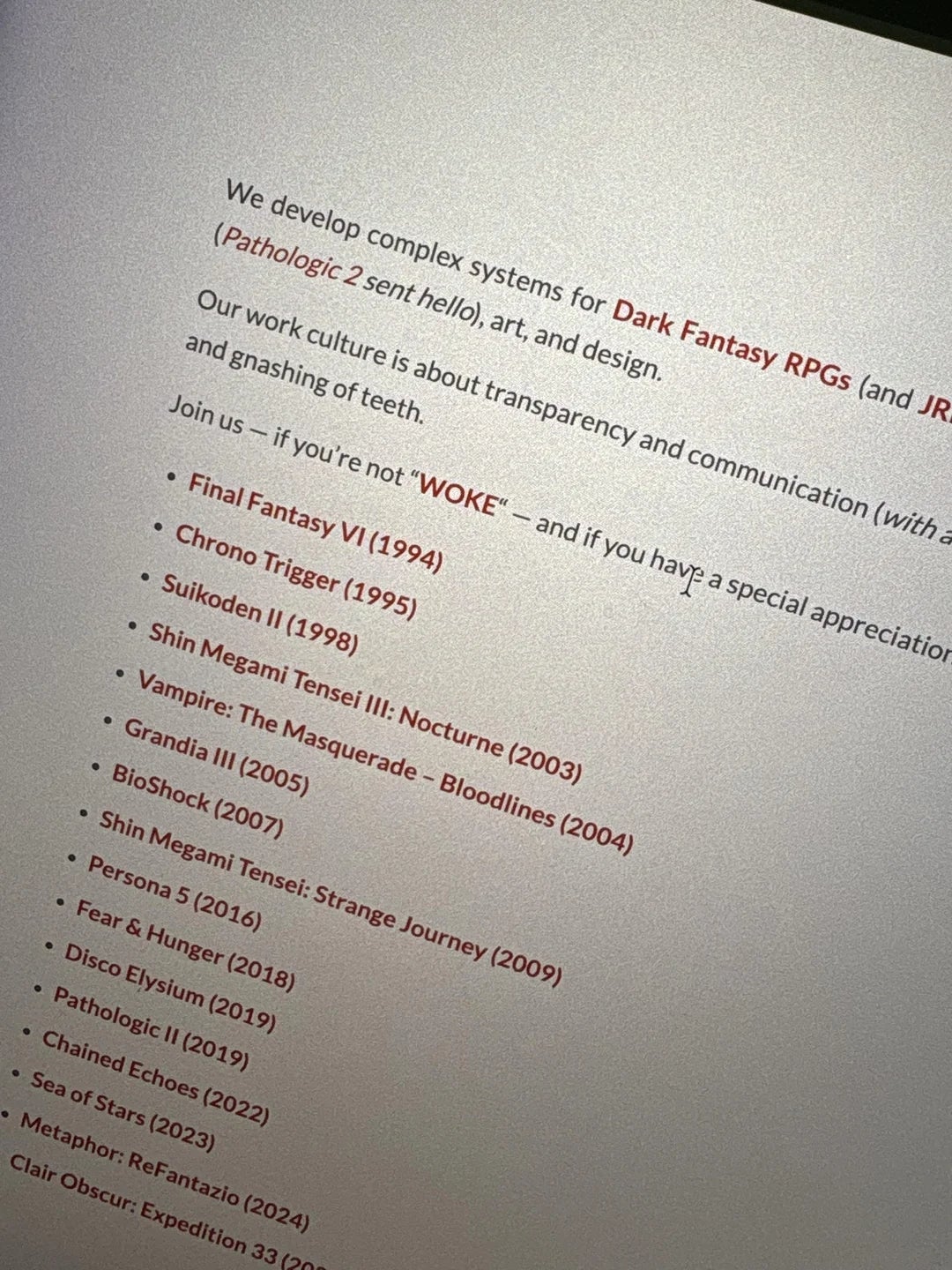 Summary of text: The image lists various dark fantasy RPG titles, emphasizing complex systems and transparency in development. It invites those who aren't "woke."