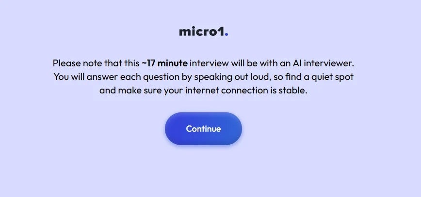 Text in image: The interview with an AI interviewer is ~17 minutes. Speak out loud and ensure a stable internet connection