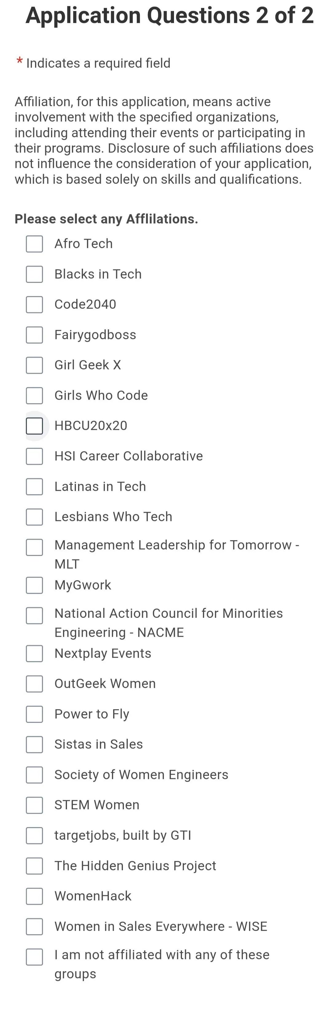 Application form listing various professional groups and affiliations, mostly for diverse tech communities. Options include AfroTech, Code2040, etc