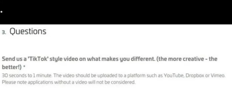 Tweet: "Applying for jobs nowadays is a humiliation ritual." Screenshot shows a job application requiring a TikTok video about uniqueness