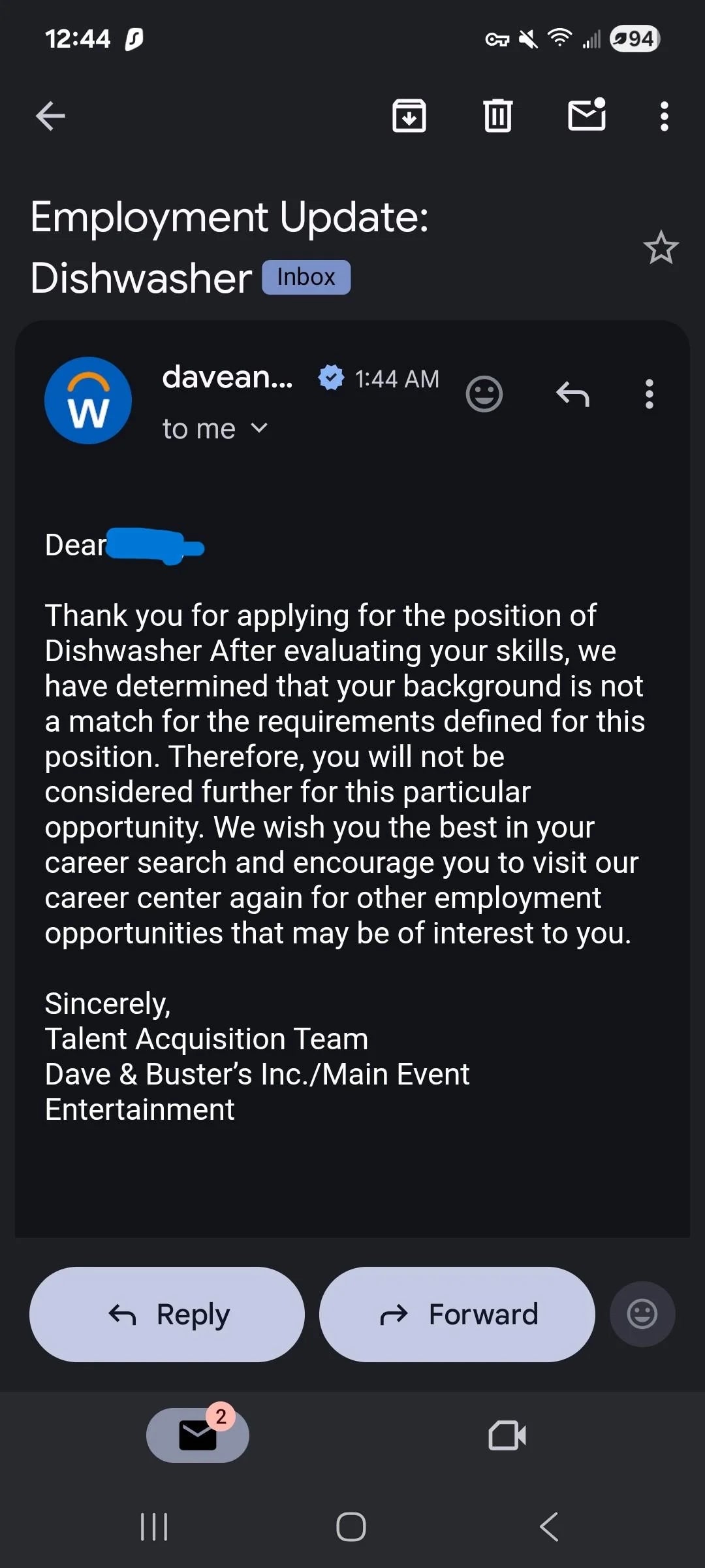 Email rejection for a dishwasher position due to a lack of required qualifications, with encouragement to apply for other roles