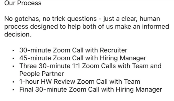 Summary of hiring process text: Introduction, Zoom calls with recruiter, hiring manager, team, homework review, and final call with hiring manager