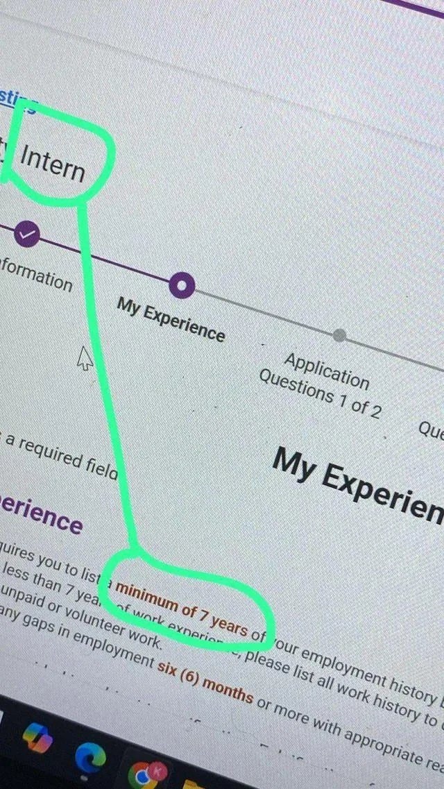 Job listing irony: Intern position requires a minimum of 7 years of work experience