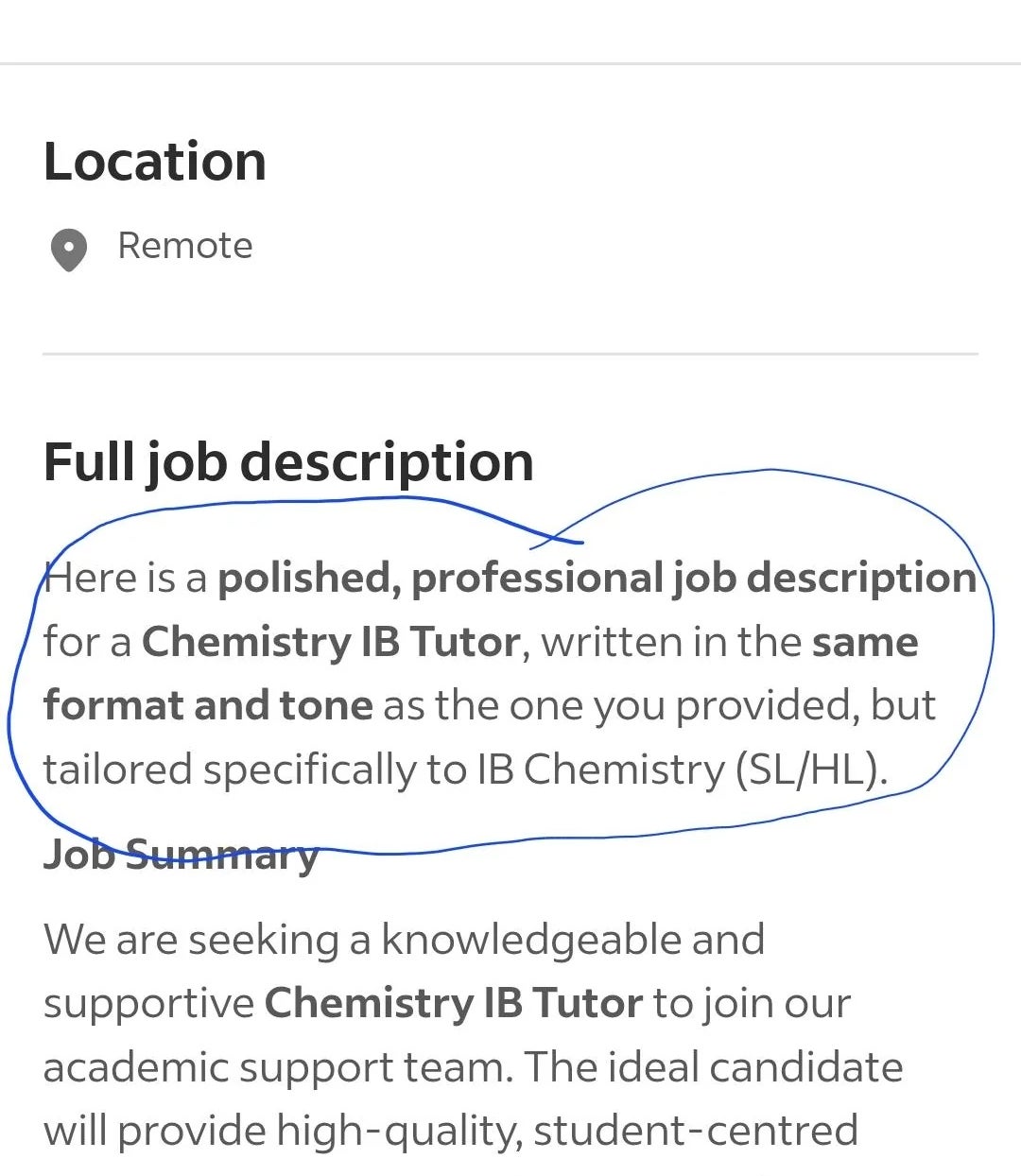 Job ad seeks a professional Chemistry IB Tutor for freelance remote work, requiring an engaging, qualified candidate to support the academic team