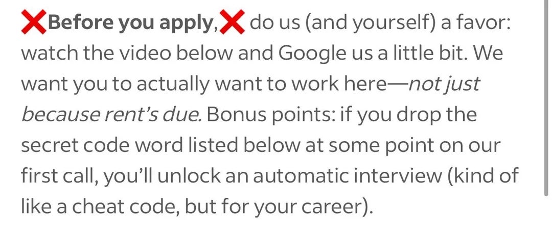 Message asks applicants to research the company before applying, and mentions a secret code for an interview advantage