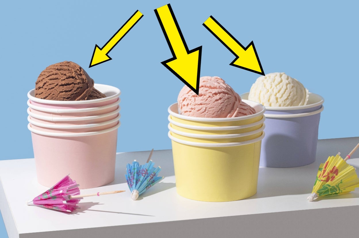 Three cups of ice cream (chocolate, strawberry, vanilla) with arrows pointing at them, surrounded by decorative paper umbrellas