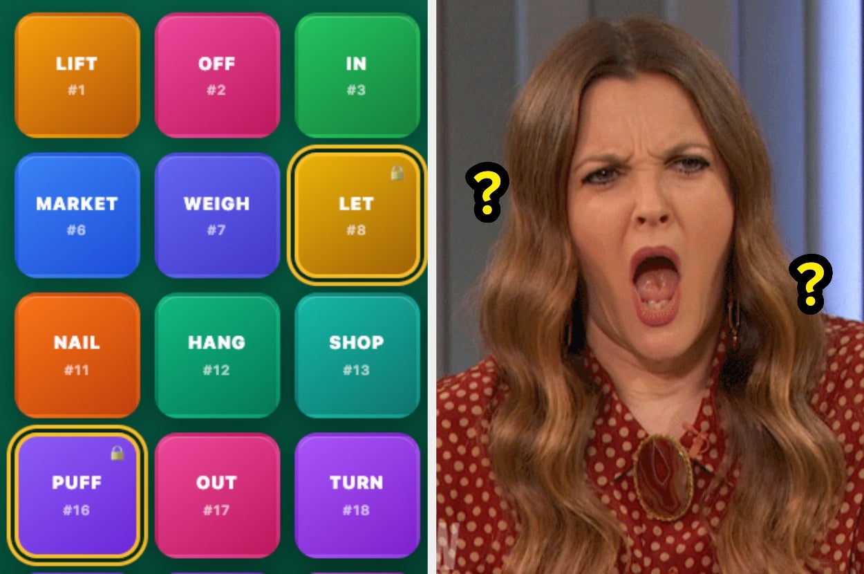 Game screen with word tiles on the left; person on the right looking surprised with mouth open