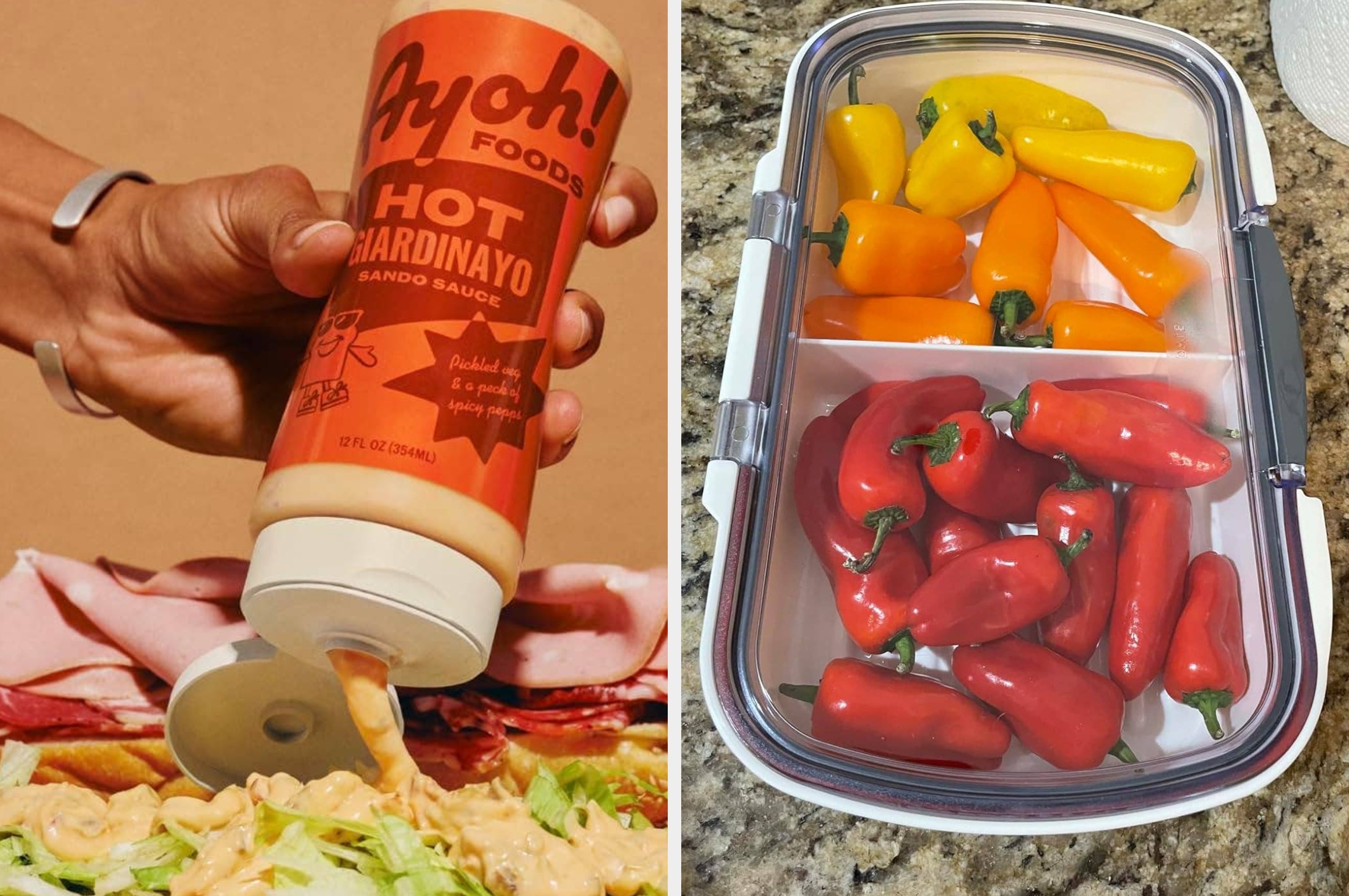 Hand squeezing hot giardiniera sauce onto a sandwich next to a container of assorted sweet peppers