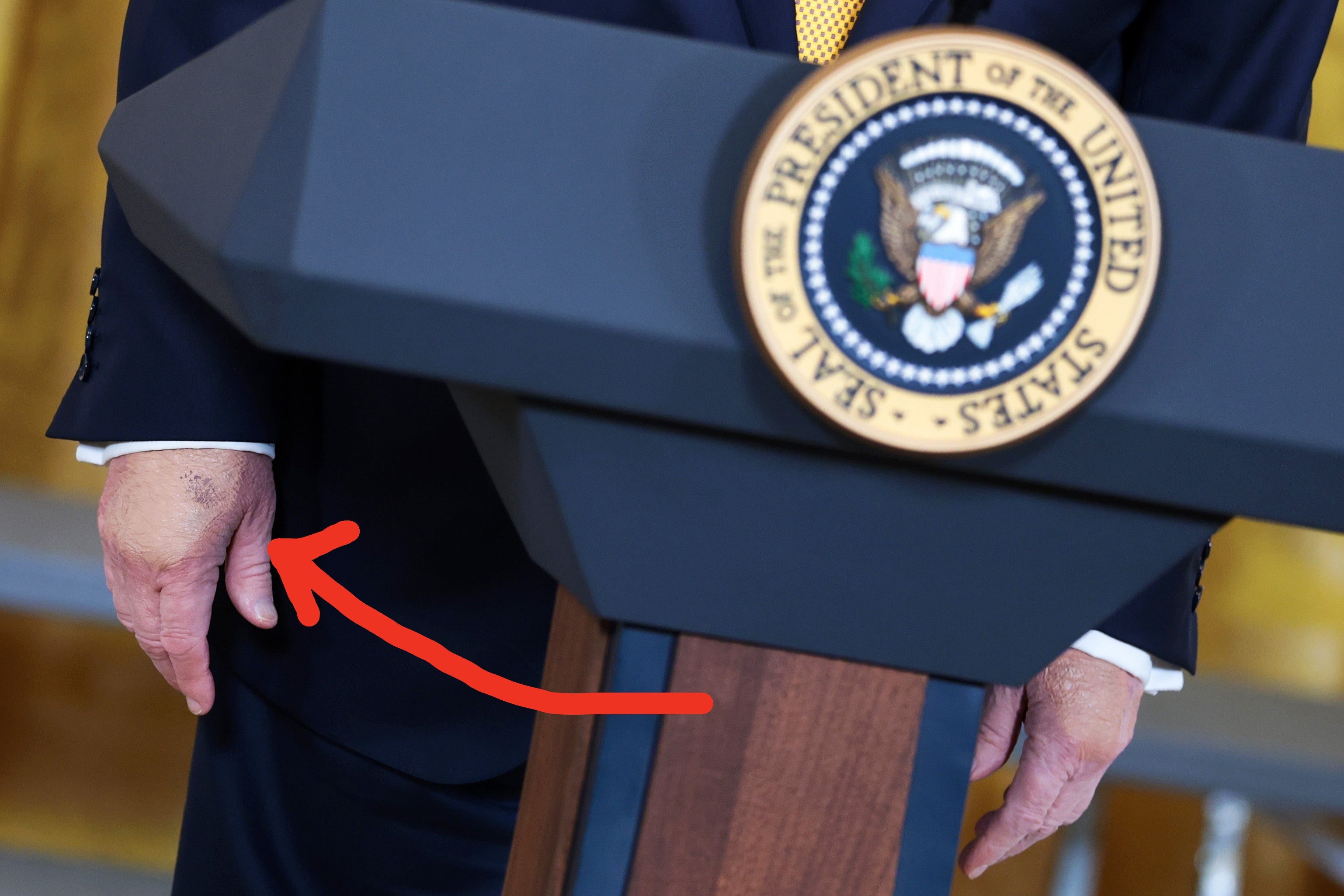 En person står bak et podium med den amerikanske presidentens segl, og ser ut til å holde eller forberede en tale