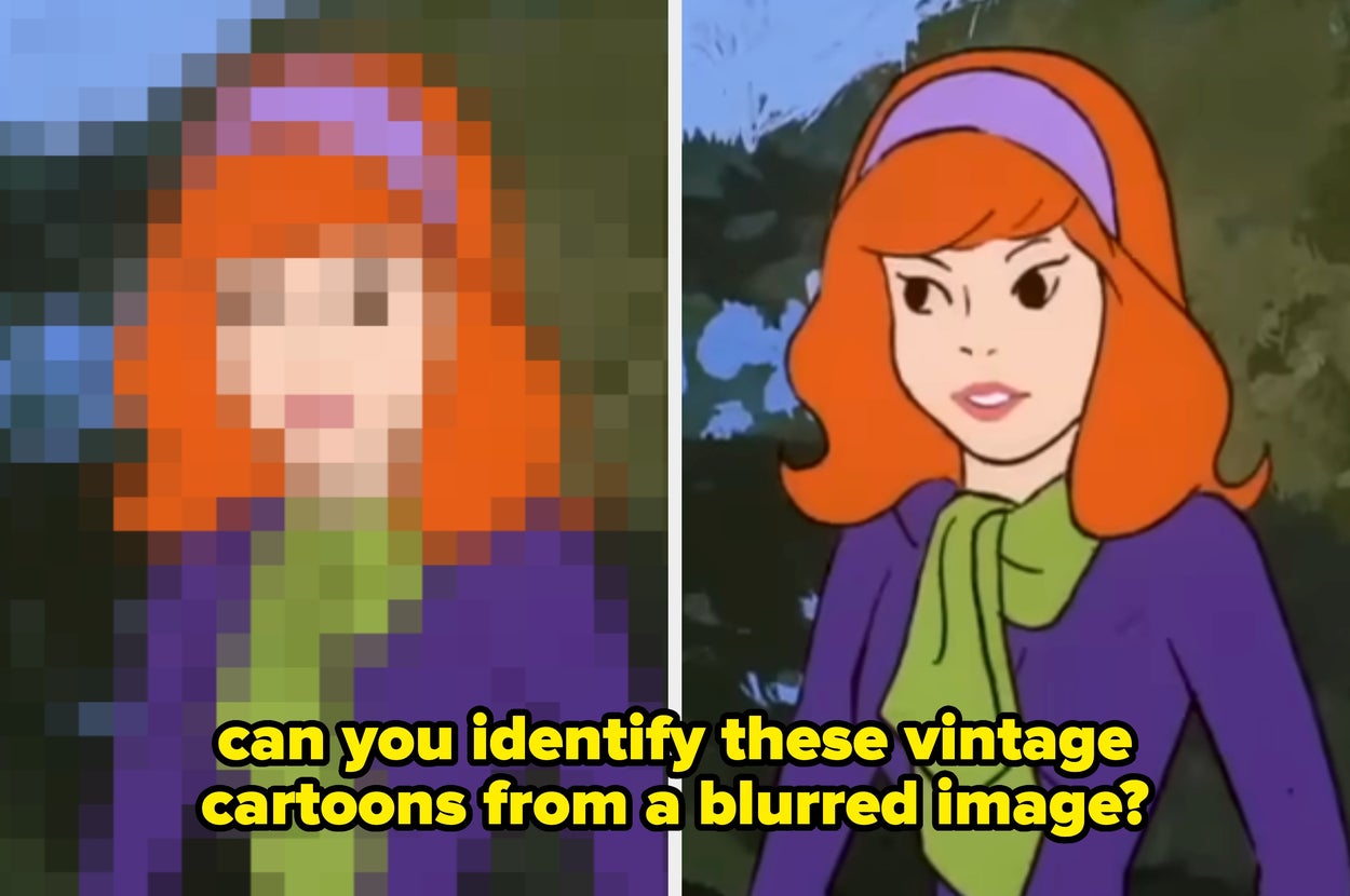 Split image: pixelated character on left, clear cartoon character on right with caption, "how much do you know about Saturday morning cartoons?"