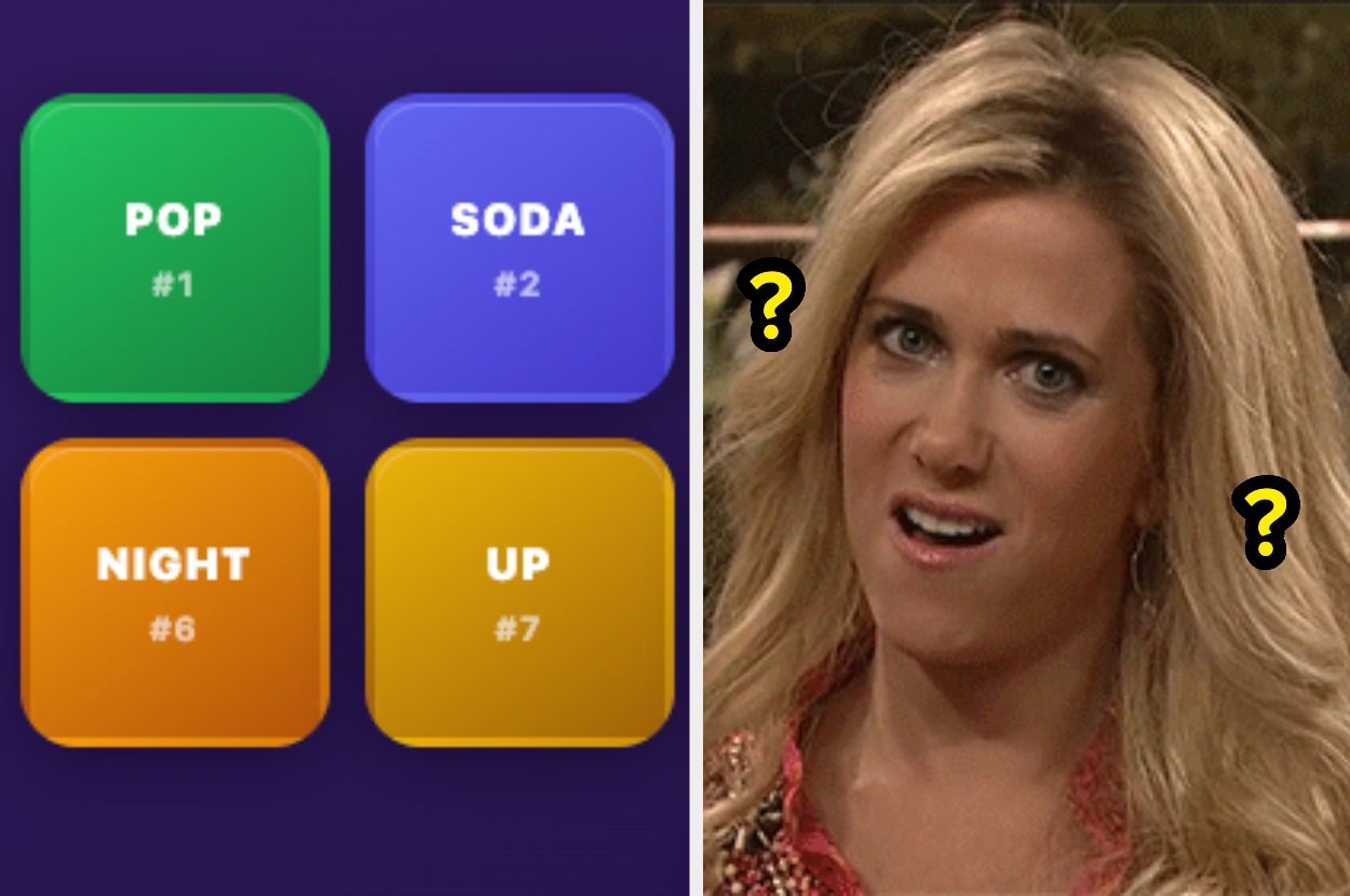 Game screen with "Pop," "Soda," "Night," "Up" options. Woman with a confused expression and question marks