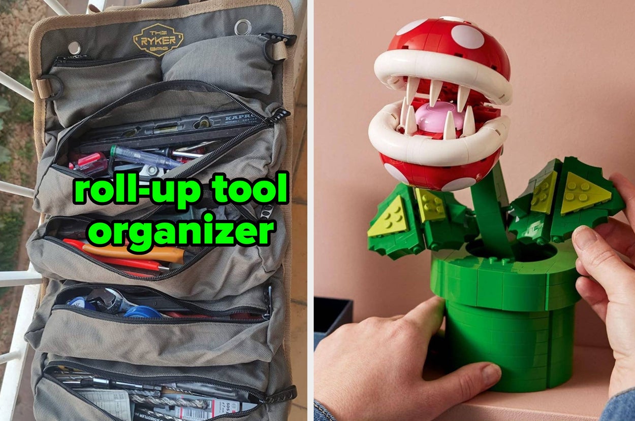 Left: Roll-up multi-pocket organizer with various tools. Right: Decorative plant sculpture with white teeth and round mouth, resembling a fantasy plant