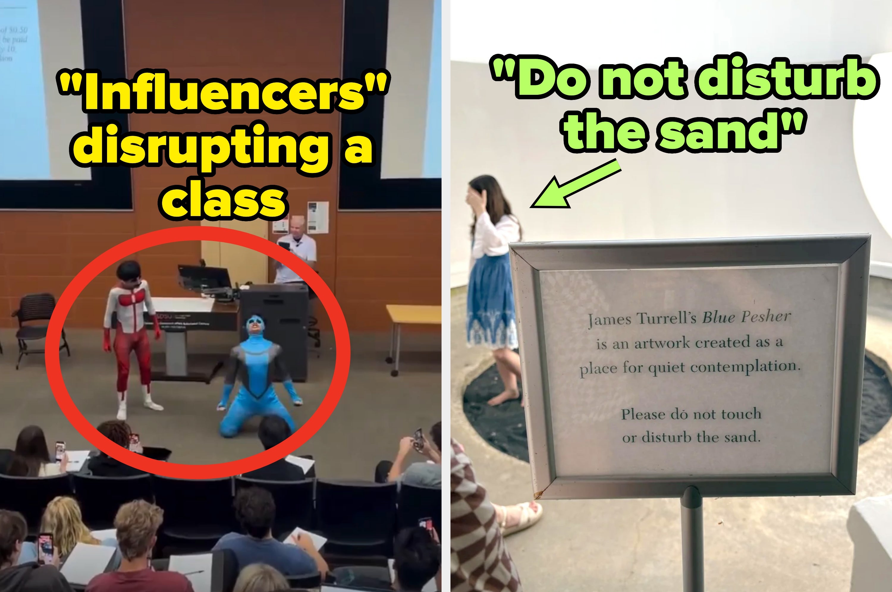 Left: Two costumed individuals interrupt a lecture. Right: Sign near an artwork instructs visitors not to touch or disturb the sand; a woman is standing in the sand barefoot