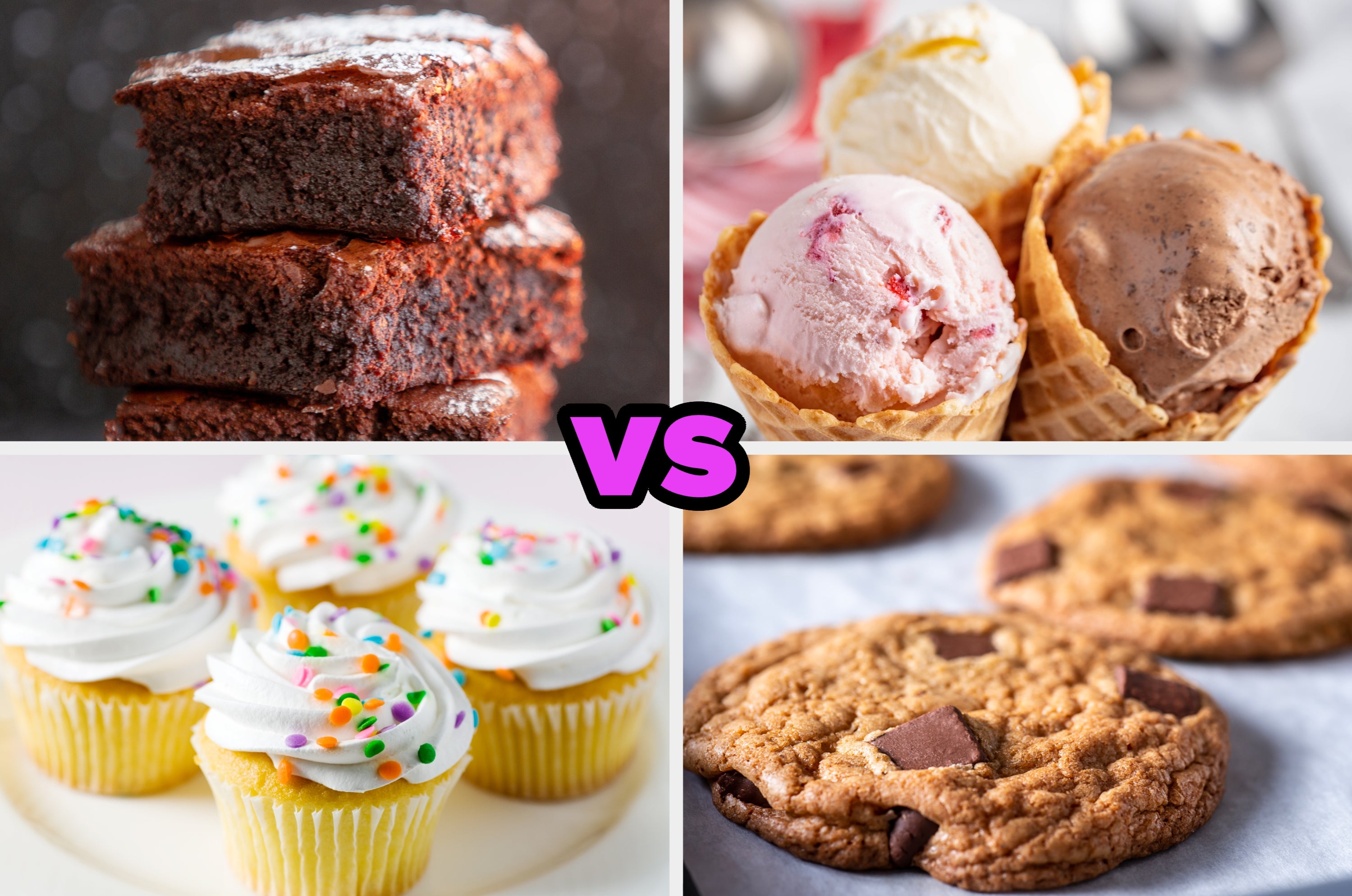Brownies, ice cream, cupcakes, and cookies with sprinkles shown side by side with "VS" in the center