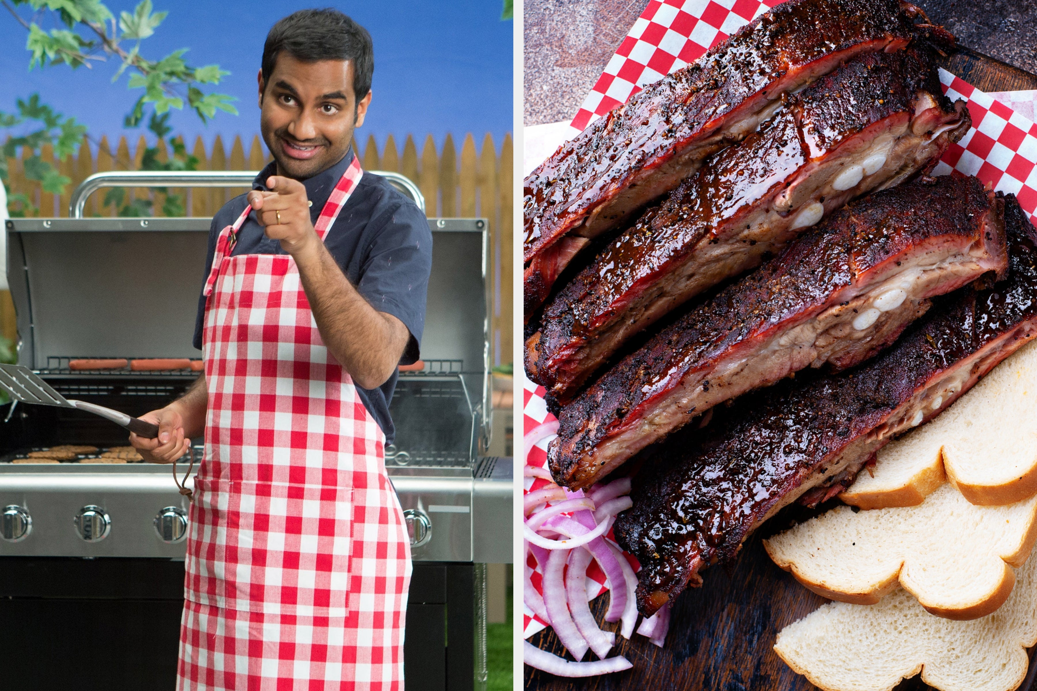 Person in a checkered apron stands by a grill, smiling and pointing at the camera, with people socializing in the background