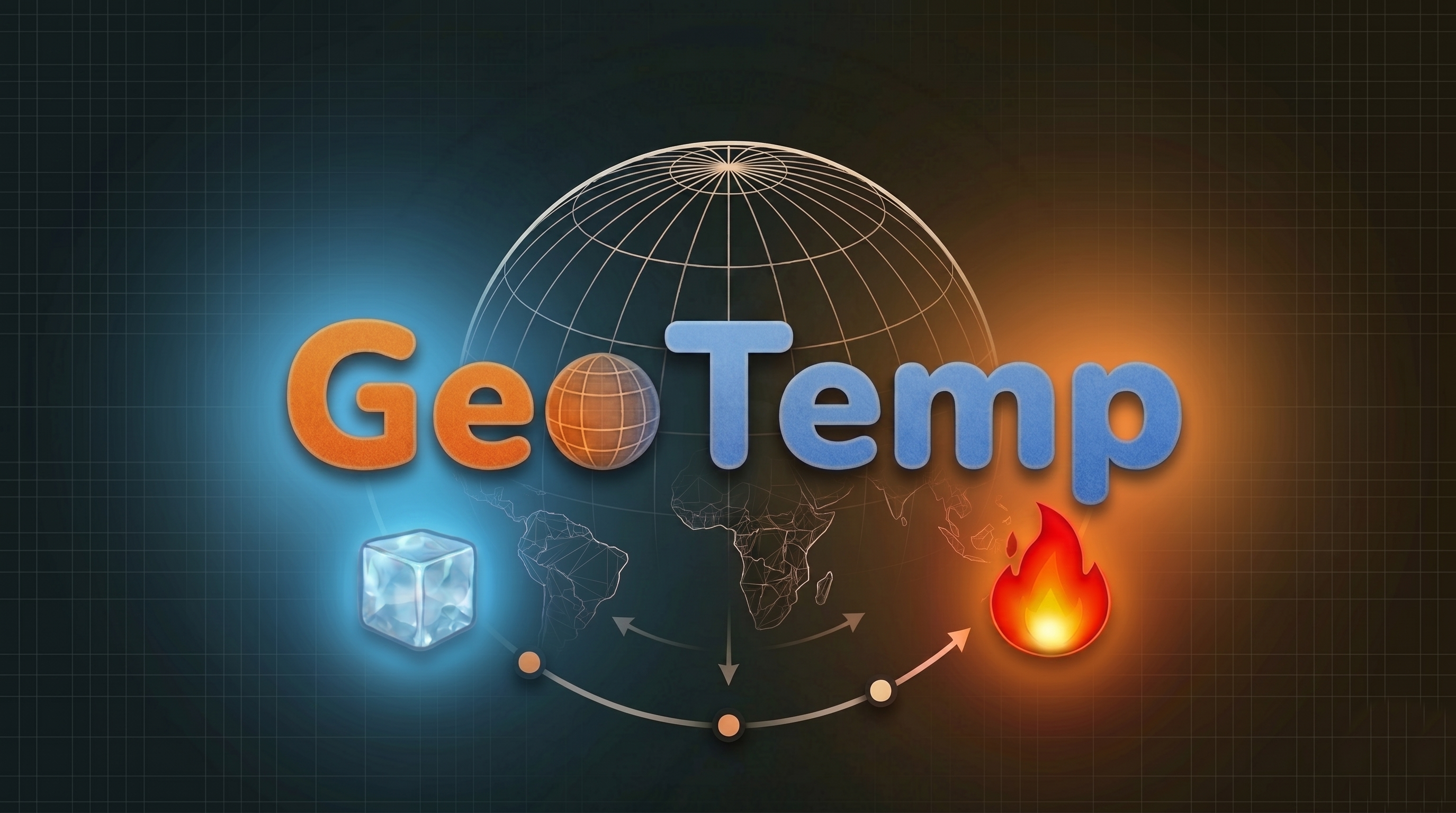 GeoTemp game logo featuring earth elements theme: ice cube on left, flame on right, globe in center with interconnected lines and arrows beneath