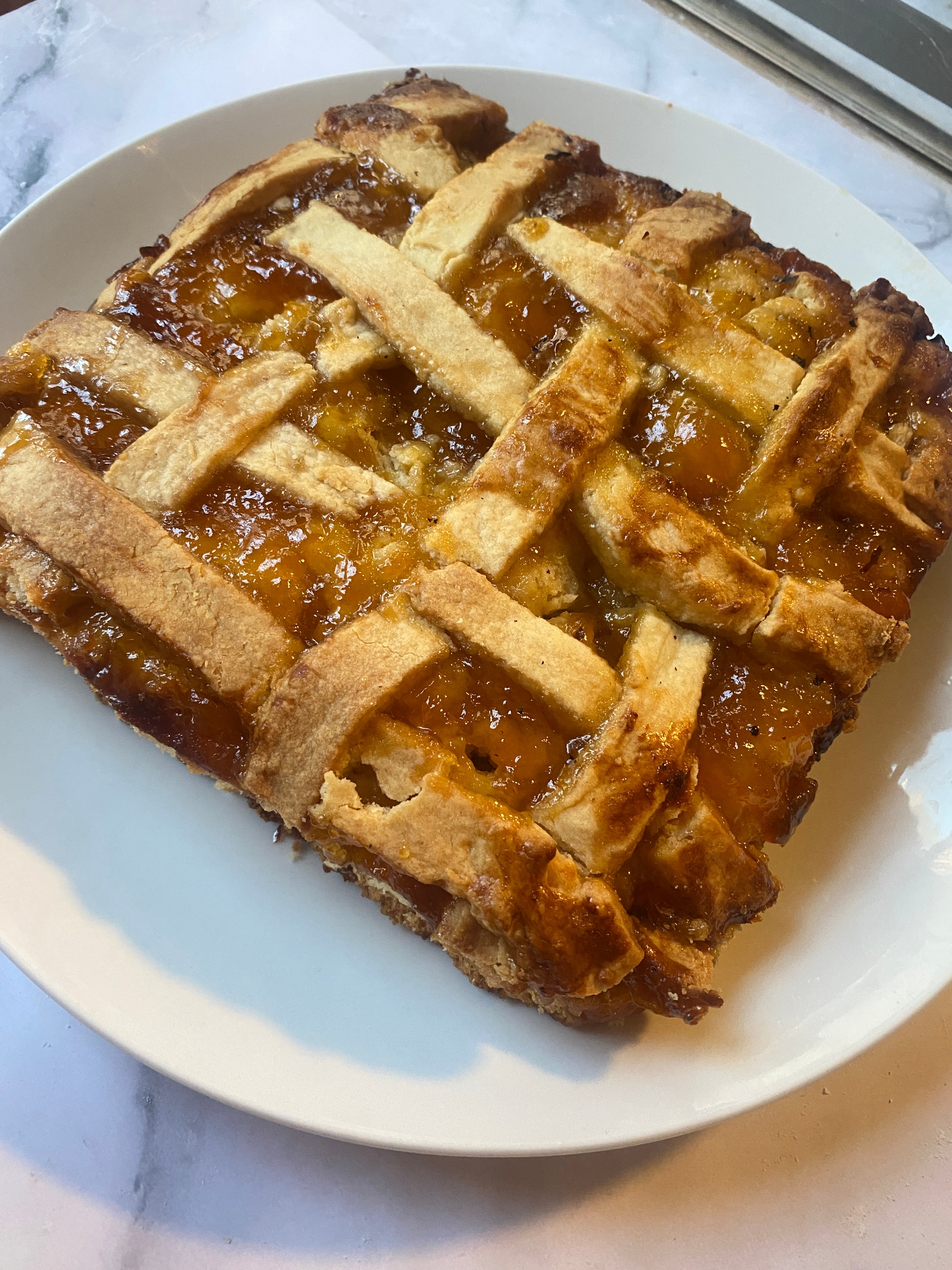 Lattice-topped pie on a white plate, likely freshly baked with a golden crust