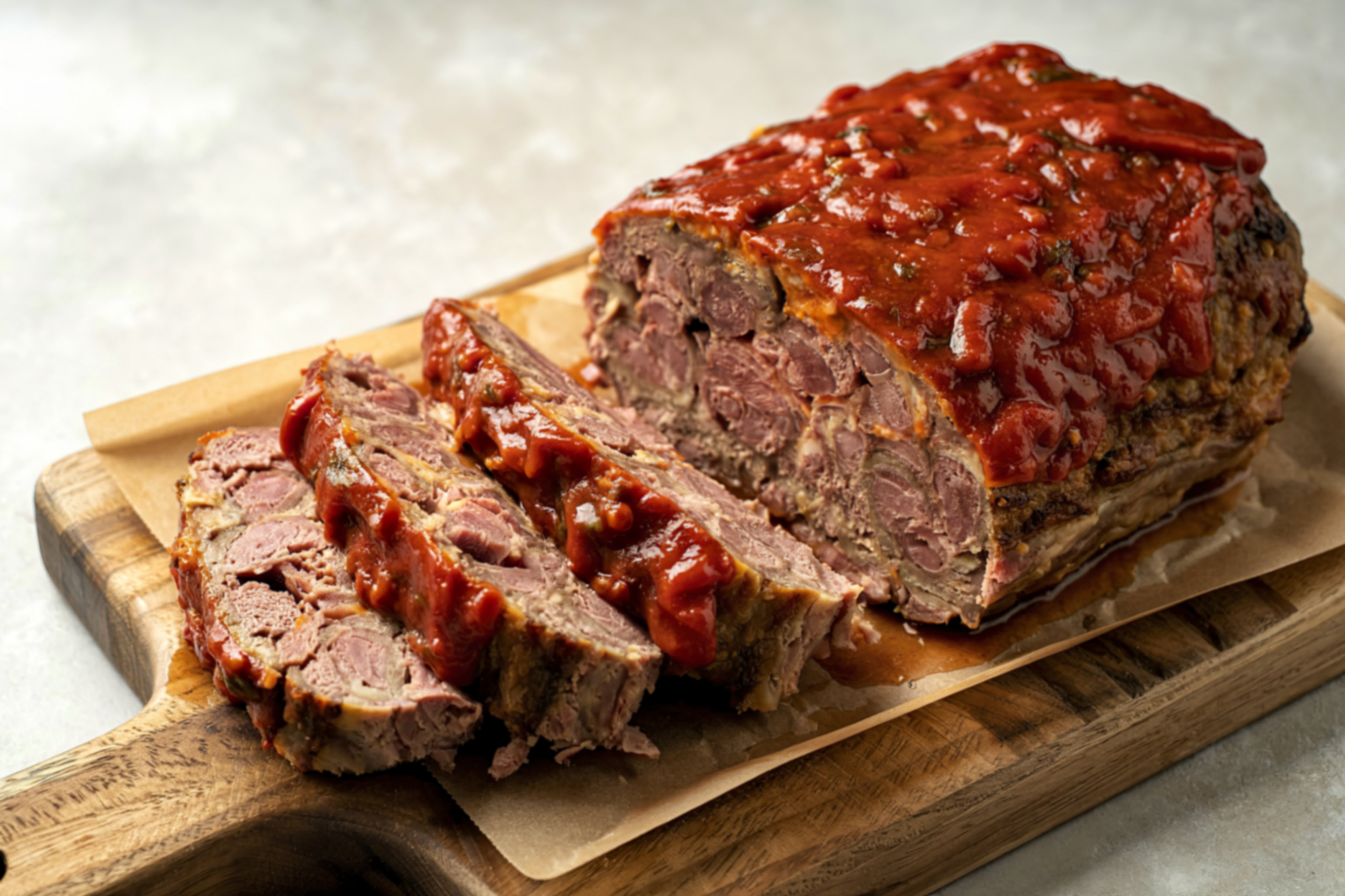 Sliced meatloaf topped with a chunky tomato sauce on a wooden cutting board