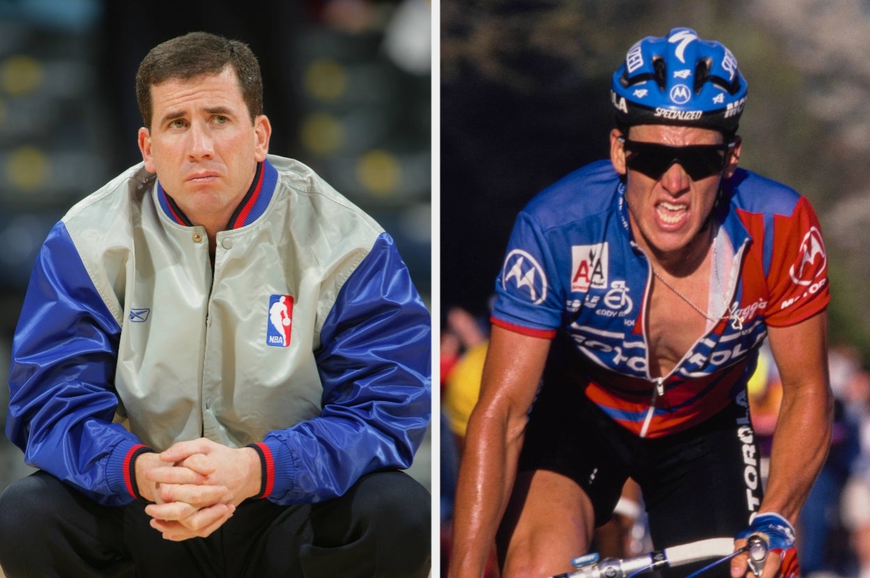 Two sports figures: one in an NBA jacket and the other cycling in racing gear wearing sunglasses and a helmet