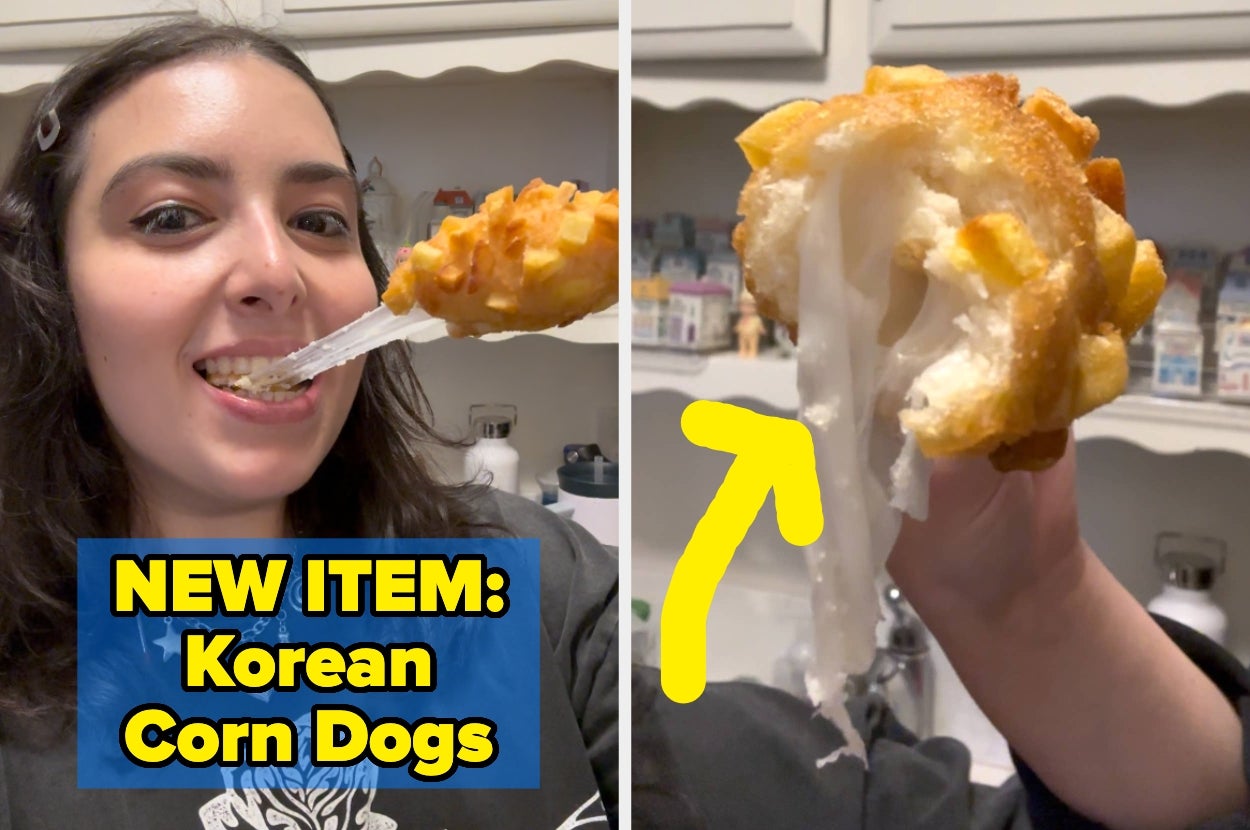 Person eating Korean corn dog with cheese pull; text states: "NEW ITEM: Korean Corn Dogs."