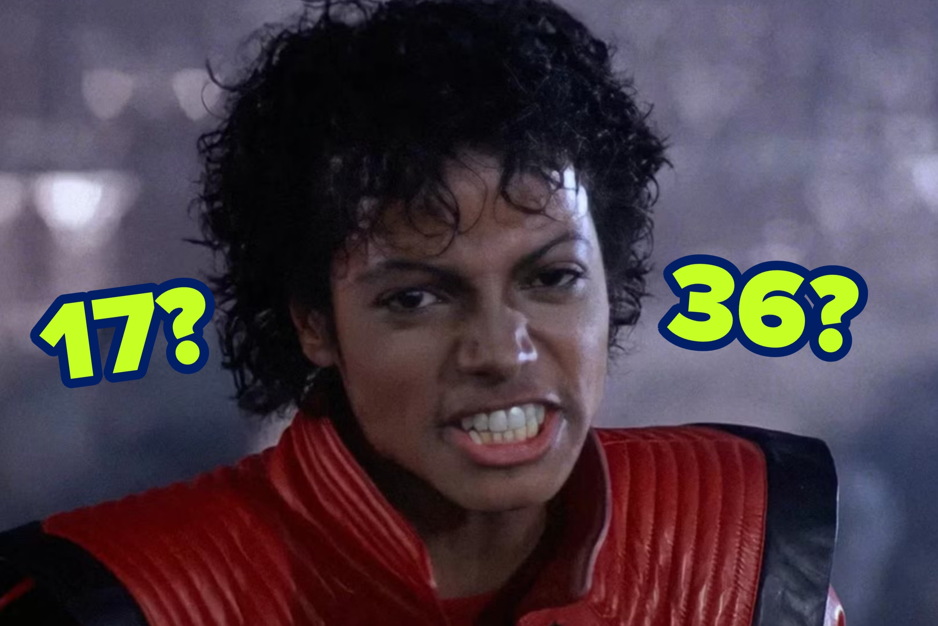 Person with curly hair in red jacket looks intense, flanked by numbers: 17? and 36?