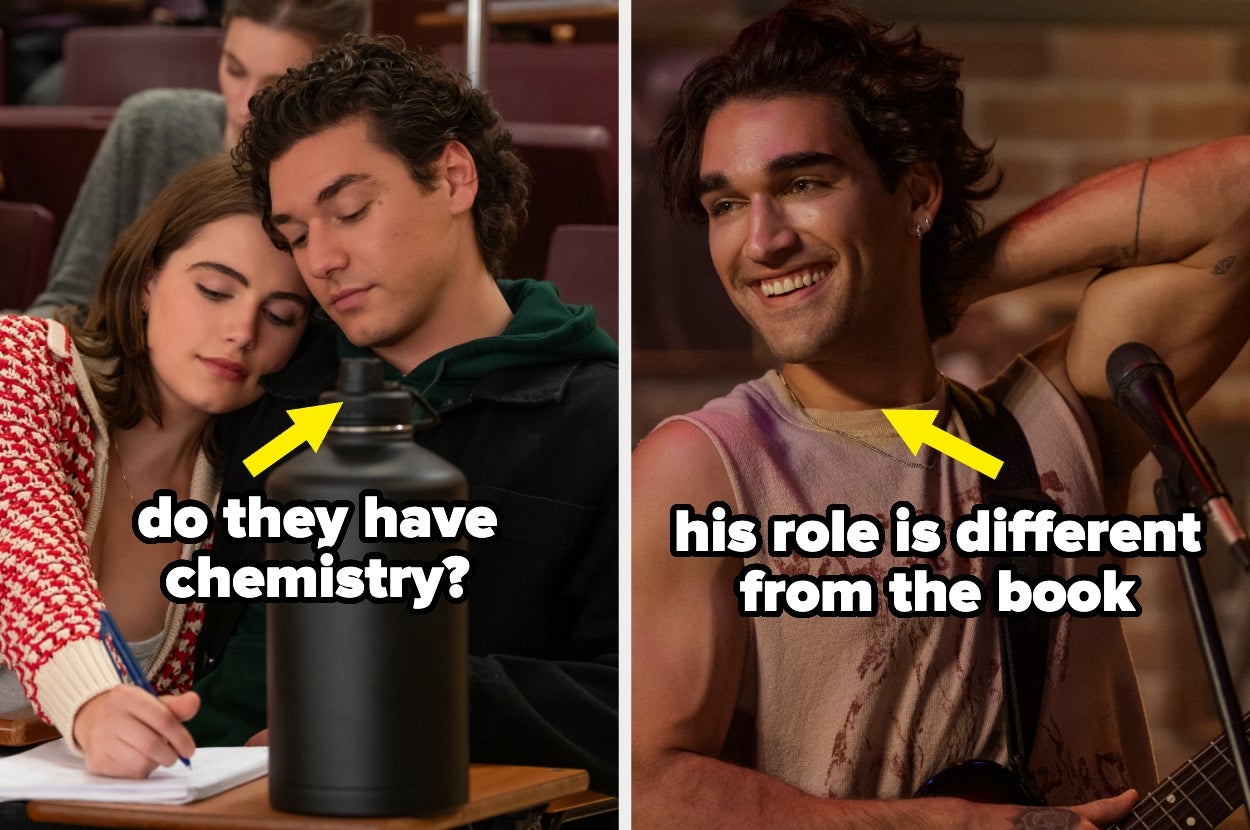 Two images: Left, a couple in a classroom, text reads "do they have chemistry?". Right, a smiling person with a guitar, text reads "his role is different from the book"
