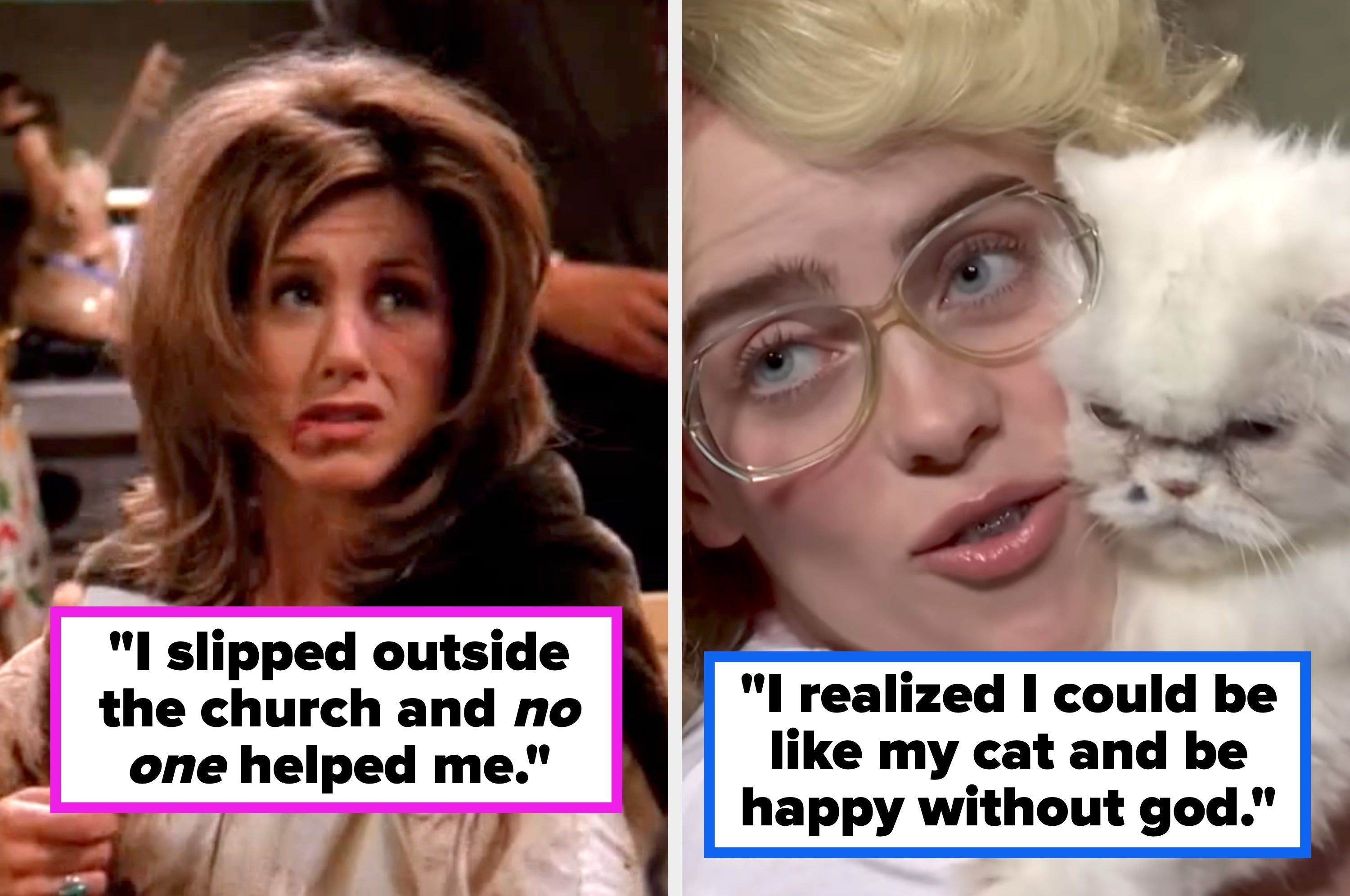 On the left, a woman with voluminous hair and distressed expression. On the right, a person with glasses holds a fluffy cat, appearing thoughtful