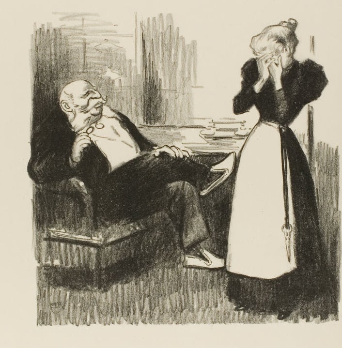 An older man with a monocle lounges on a couch, while a woman in an apron covers her face, appearing distressed