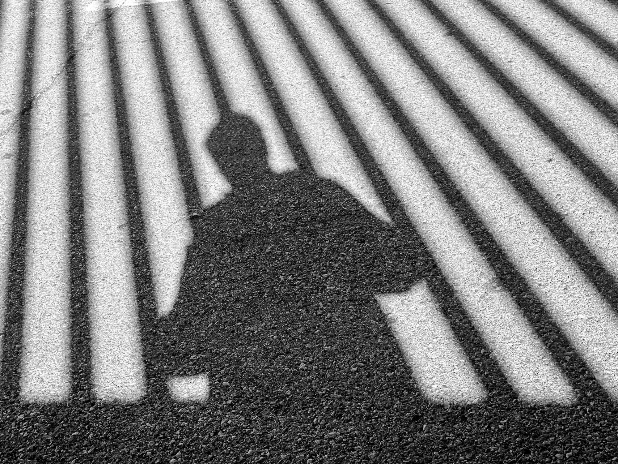 Shadow of a person cast on the ground through a pattern of vertical bars, creating an abstract striped effect